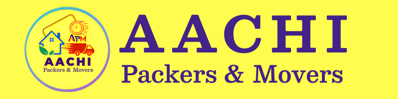 Aachi Packers and Movers logo with house and delivery truck icons on a yellow background